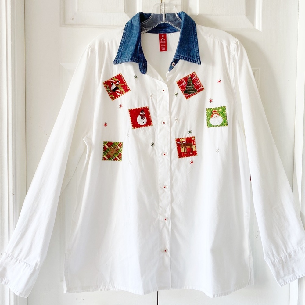 Holiday Time Womens Ugly Christmas Shirt White S